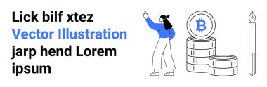 Bitcoin paralarını işaret eden kadın kripto para biriminin büyümesini ve yatırımını simgeliyor. Kalem yaratıcılığı ya da sözleşmeleri vurgular. Fintech, engelleme zinciri, tasarruf, ticaret, serbest yazarlık için ideal