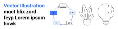 Okları ve kutuları olan dairesel akış şeması, saksı bitkisi ikonu ve beyni olan ampul. Yaratıcılık, yenilik, büyüme, doğa, beyin fırtınası için ideal, düz iniş sayfası pankartı