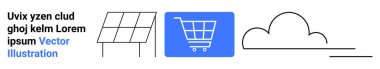 Güneş paneli ikonu, mavi alışveriş arabası, yenilenebilir enerji, e-ticaret ve bulut teknolojisi sergilenen bulut çizgisi. Sürdürülebilirlik, yenilik, teknoloji, enerji çevrimiçi alışveriş için ideal modern
