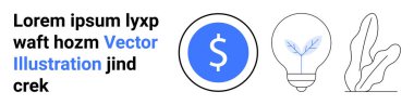 Mavi daireli dolar sembolü, filizlenen yapraklı ampul, soyut bitki aksanı. Finans, sürdürülebilirlik, eko-ticaret, yenilik, yaratıcılık, yatırım sade iniş sayfası için ideal