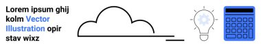 Bulut dijital depolamayı temsil ediyor, parlak ampul fikirleri sembolize ediyor, mavi hesap makinesi analitiği simgeliyor. Teknoloji, yenilik, yaratıcılık, eğitim, veri ve finansman için ideal