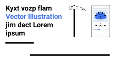 Kalın metin varyasyonları, kazma grafiği ve müzik uygulaması gösteren akıllı telefon. Teknoloji tasarımı, iletişim, uygulamalar, araçlar, düzenleme, madencilik ve basit bir iniş sayfası oluşturmak için ideal