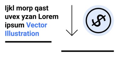 Yuvarlak çizgili dolar işareti, aşağı doğru ok, metin blokları ve yatay çizgiler. Finans, ödeme, transfer, yatırım, tasarruf, para yönetimi için ideal basit iniş sayfası