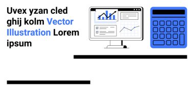 Büyük bir hesap makinesinin yanında grafik ve çizelgeleri gösteren bilgisayar ekranı. Finans, muhasebe, iş analizi, veri görselleştirme, kurumsal stratejiler, eğitim, basit iniş sayfası için ideal