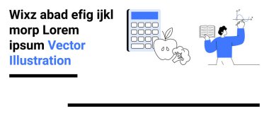 Eğitmen, hesap makinesi, elma ve kitap görsellerinin yanında bir kitap tutuyor ve matematik denklemleri çözüyordu. Eğitim, öğrenim, öğretim, matematik, çevrimiçi akademik kurslar için ideal basit iniş sayfası