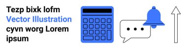 Hesap makinesi, çan, sohbet balonu ve ok hesaplamayı, bildirimleri, iletişimi ve ilerlemeyi sembolize eder. Üretkenlik, iş iletişimi finans bildirimleri için ideal takım çalışması basit
