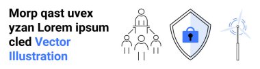 Takım hiyerarşisi diyagramı, kilitli asma kilitli kalkan, rüzgar türbini. Takım çalışması, liderlik, güvenlik, sürdürülebilirlik, enerji teknolojisi ve yenilik için ideal. Düz iniş sayfası pankartı
