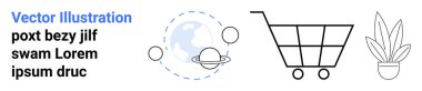 Alışveriş arabası, gezegen ve küreyle yörünge çizimi ve basit ev bitkisi. E-ticaret, bilim, çevre, sürdürülebilirlik, alışveriş dekoru ve doğa kavramları için idealdir. Düz iniş sayfası