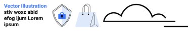 Asma kilit, alışveriş torbaları ve bulut çizgileri olan bir kalkan. Güvenlik, e-ticaret, çevrimiçi alışveriş, bulut depolama, veri koruması, siber güvenlik düz iniş sayfası afişi için ideal