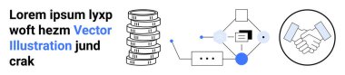 Para yığını, akış şeması düğümleri, çizgiler ve tokalaşmayı sembolize eden işlemler, işlemler. Finans, teknoloji, işbirliği işlemleri için ideal yatırım veri akışı