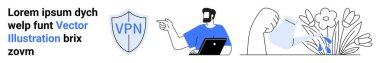 VPN mesajı olan bir kalkan, dizüstü bilgisayar kullanan bir adam, çiçekleri sulayan bir adam. Teknoloji, güvenlik, uzaktan çalışma, kişisel büyüme, çevrimiçi mahremiyet, verimlilik düz iniş sayfası afişi için ideal