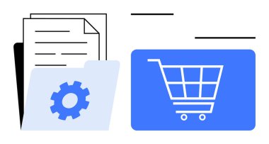 E- ticaret için bir alışveriş arabası sembolünün yanında vites simgesini temsil eden bir klasörün içindeki belgeler. Belge yönetimi, organizasyon, çevrimiçi alışveriş, e-ticaret, iş akışı, iş dünyası için ideal