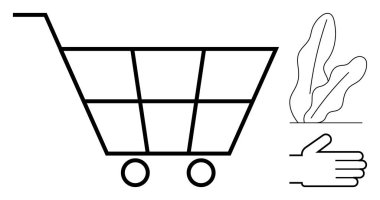 Minimalist alışveriş arabası, yeşillik ve el. Sürdürülebilirlik, eko-alışveriş, doğa bakımı, ticaret, ekolojik bilinçli kararlar, koruma, ürün seçimi için idealdir. Düz basit metafor
