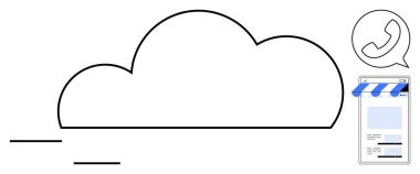 Çevrimiçi depolama arayüzü ve mesajlaşma uygulaması çağrı simgesine sahip bulut ana hatları. E-ticaret, teknoloji, dijital iletişim, bulut depolama, veri paylaşımı, çevrimiçi iş, uzak hizmetler için idealdir. Düz
