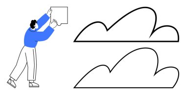 Doğrusal bulut şekillerine doğru kare bir blok hareket eden kişi, yaratıcılığı, organizasyonu, takım çalışmasını, bulut depolama, problem çözme, tasarım düşünme ve dijital dönüşümü sembolize ediyor. Düz basit