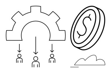 İnsanları gösteren oklar, finansal akışı temsil eden büyük paralar. Takım çalışması, yönetim, üretkenlik, ekonomi, kaynak tahsisi, yatırım kar artışı için ideal. Düz basit