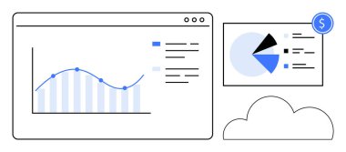 Veri noktalı çizgi grafiği, bölümlü pasta grafiği ve bulut simgesi analitik, finans, teknoloji, trend analizi, iş stratejisi, veri yönetimi ve bulut depolama alanlarını temsil etmektedir. Düz basit