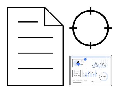 Boş belge, hedef parçacık ve çizelge ve analizli veri paneli hedef merkezli raporlamayı vurguluyor. İş için ideal, istatistik, odaklanma, analiz, üretkenlik, strateji düzlüğü