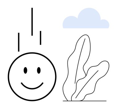 Hareket çizgileriyle gülümseyen yüz hareketli, stilize yapraklı ve yumuşak mavi bulutlu. Pozitif olmak için ideal, basitlik, doğa, mutluluk, büyüme farkındalığı iyimserliği. Düz basit metafor
