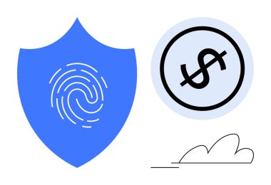 Parmak izli mavi kalkan, daire şeklinde dolar işareti ve minimum bulut simgesi. Güvenlik, finans, kimlik doğrulama, tasarruf, gizlilik sigortası fintech temaları için idealdir. Düz basit metafor