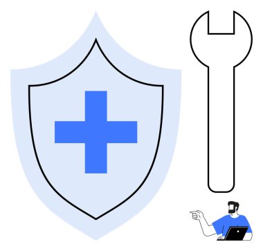 Mavi haç açık mavi kalkanda, bitişik anahtar, sağ altta dizüstü bilgisayar kullanan biri. Sağlık, bakım, teknik destek, güvenlik ve tıbbi bakım için ideal. Temiz soyut çizgi düz