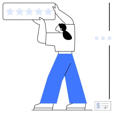 Beş yıldızlı derecelendirme çubuğunu kaldıran kadın figürü müşteri geribildirimi, kalite değerlendirmesi ve memnuniyeti simgeliyor. İş için ideal, hizmet dereceleri, değerlendirmeler, müşteri sadakati, destek, kalite