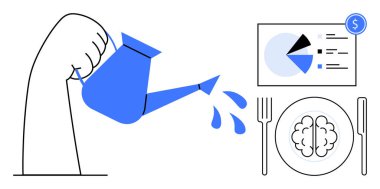 Sulama kabından su dökme, çatal bıçaklı bir tabakta beyin ve analitik çizelge. Yaratıcılık, yenilik, entelektüel büyüme, strateji, eğitim, üretkenlik için idealdir. Basit