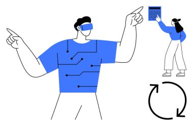 VR kulaklık kullanan kişi, kıyafet devreleri, teknoloji içeren. Elinde hesap makinesi tutan kadın dijital aletleri sembolize ediyor. Bir bisiklet oku da dahil. Takım çalışması için ideal, teknolojik yenilik, dijital gelecek