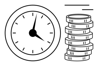 Bozuk para yığınının yanında tam zamanı gösteren saat zaman yönetimini ve finansal planlamayı sembolize ediyor. Tasarruf, üretkenlik, bütçe, yatırım, verimlilik, teslim tarihleri için ideal, düz basit
