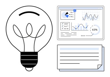Yaratıcılık için ampul, analiz için grafikler ve planlama için belgeler içeren veri paneli. Yenilik, araştırma, beyin fırtınası, strateji, üretkenlik, iş sade metaforu için ideal