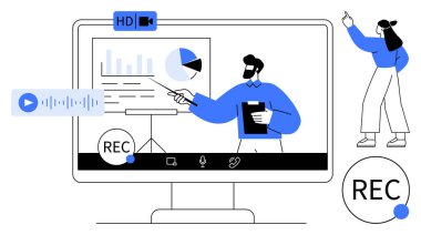 Erkek sunucu, içerik oluşturma işlemleri ve kayıt simgeleri eşliğinde ekranda çizelgeleri açıklıyor. Webinarlar, e-öğrenim, sanal eğitim, dersler, video düzenleme, içerik için ideal