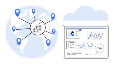 Merkezi merkeze bağlı konum işaretleyicileri olan bir dünya haritası, dijital veri gösterge paneli, ölçümleri analiz ediyor. Teknoloji, analitik, küresel ulaşım, iş büyümesi, lojistik, ağ oluşturma, veri