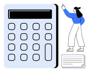 Dikdörtgen düğmeli büyük boy hesap makinesi, yukarı bakan kadın ve görevler ve hatırlatıcılar için bir not. Finans, muhasebe, eğitim, planlama, organizasyon, hesaplama verimliliği için ideal