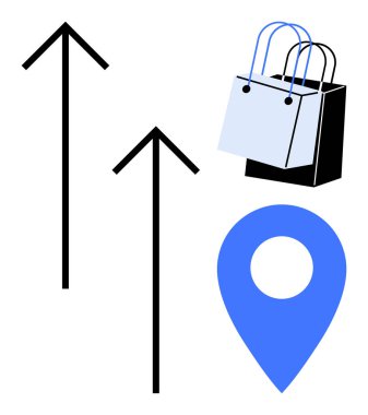 Alışveriş çantalarının ve harita lokasyonunun yanında yukarı bakan oklar. Büyüme, ekommerce, navigasyon, alışveriş trendleri, lojistik, dağıtım, pazar genişleme kavramları için idealdir. Basit soyut çizgi