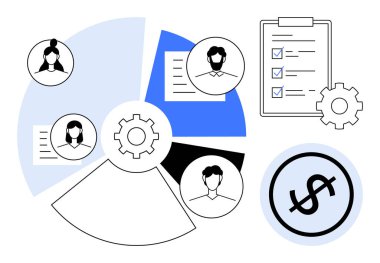 Turta şeması, takım avatarları, kontrol listesi panosu, dişli simgeleri ve dolar çemberi. Takım çalışması, proje planlaması, mali yönetim analiz stratejisi iş akışı çözümleri için idealdir. Düz basit
