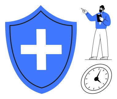 Büyük mavi kalkanlı, çapraz, saati gösteren, profesyonel işaret panosu olan. Sağlık, güvenlik, sigorta, zaman yönetimi, rehberlik koruma kavramları için ideal. Düz