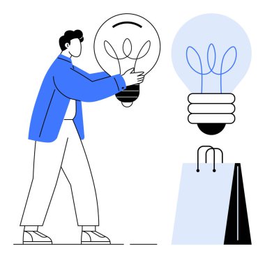 Büyük boy ampul tutan adam yaratıcılığı simgeliyor, alışveriş çantasının yanında duruyor. Kavramlar için ideal yenilik, yaratıcılık, alışveriş, pazarlama, girişimcilik, parlak fikirler
