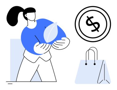 Elinde bir yaprak, alışveriş torbası ve dolar bozuk para tutan kadın sürdürülebilir alışveriş, yeşil ekonomi ve dikkatli tüketimi vurguluyor. Çevre, finans, sürdürülebilirlik, çevre bilinci, yeşil