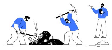 Gözetim altında kazma ve çekiçle taş kıran işçiler. Takım çalışması, emek, üretkenlik, liderlik, görevler, hedefler, proje yönetimi için ideal. Düz basit metafor