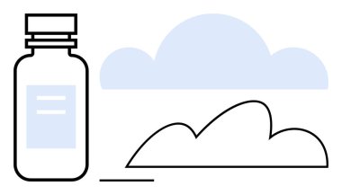 Sağlık, bakım, sürdürülebilirlik ve sağlığı simgeleyen soyut bulut tasarımının yanında ilaç şişesi. Sağlık, eczane, ilaç, çevre sağlığı, organik yaşam bütünsel bakım için ideal