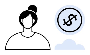 Minimalist saç stiline sahip bir kadın figürü. Yumuşak bulutta yüzen dolar parasının yanında. Finans, bütçe, yenilik, yatırım, kariyer planlaması, tasarruf, para yönetimi için ideal. Düz basit