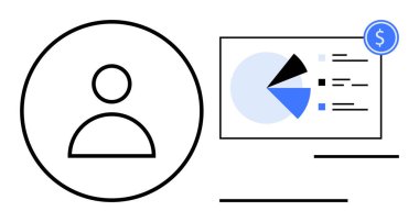Pasta grafiği analizinin yanında kullanıcı avatarı ve finansal gösterge. Veri yönetimi, mali planlama, kullanıcı nüfusu, iş anlayışı, performans takibi, ekonomik