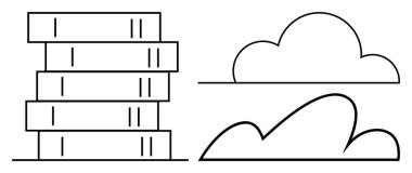 Şematik bulut şekillerinin yanında dijital depolama ve ağ konseptini temsil eden veri sunucuları yığını. Teknoloji, yenilik, bilişim çözümleri, bulut hizmetleri, veri yönetimi, bağlantı için ideal