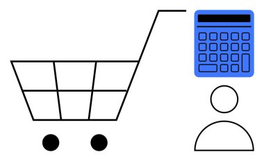 Hesap makinesinin yanındaki alışveriş arabası ve insan ikonu alım sırasında mali yönetimi sembolize ediyor. Ekomünikasyon, bütçe, tüketici davranışı, perakende, muhasebe, finans eğitimi için ideal