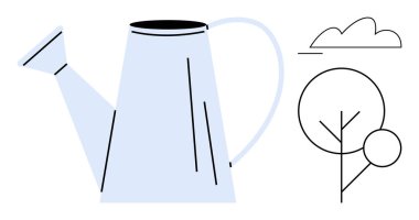 Tarzlanmış bir ağaç ve soyut bir bulutun yanına yerleştirilmiş büyük bir sulama kutusu. Bahçe işleri, büyüme, bakım, çevre, sürdürülebilirlik, basitlik ve yeşil girişimler için idealdir. Düz basit metafor