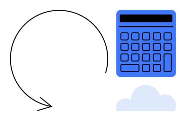 Eğri bir ok ve açık gri bir bulutun yanında mavi hesap makinesi. Finans, muhasebe, bulut depolama, dijital araçlar, analitik, teknoloji, otomasyon kavramları için ideal, düz basit metafor