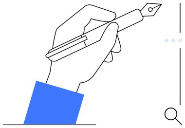 Minimalist elementlerle çevrili, hazır yazı pozisyonunda bir dolmakalem tutan el. Yazmak için ideal, yaratıcılık, tasarım, iletişim, eğitim, üretkenlik markalaşması. Düz basit