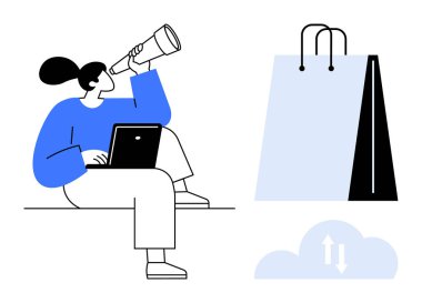 Kadın karakter, teleskop ve dizüstü bilgisayar kullanarak internette arama yapıyor. Oklu büyük alışveriş torbaları ve bulutlar e-ticaret, çevrimiçi alışveriş, pazarlama veya dijital veri transferini öneriyor. Perakende satış için ideal