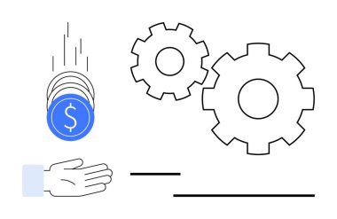 Bozuklukların birbirine kenetlenmiş dişli tekerleklerin yanına düşmesi mali işlemleri, yatırımları ve verimliliği simgeler. Finans, üretkenlik, iş optimizasyonu ve ekonomik büyüme için ideal