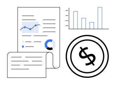 Belgeler, bar tablosu, çizgi grafiği, pasta tablosu ve finansal verileri, raporları ve para analizlerini gösteren dolar tabelaları. İş ve finans istatistikleri için ideal ekonomik planlama